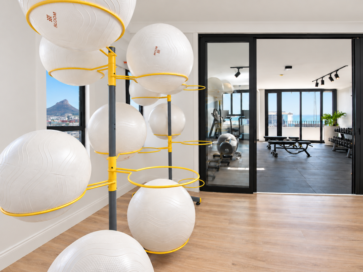Exercise-ball storage in the movement studio beside the gym