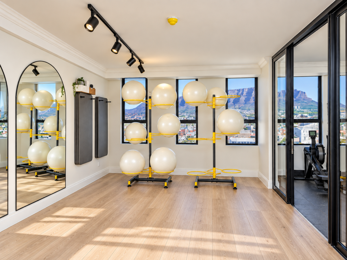 Light-filled movement studio with mirrors and exercise balls
