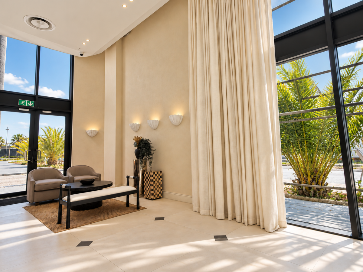 Maritime Place entrance seating area beside tall windows